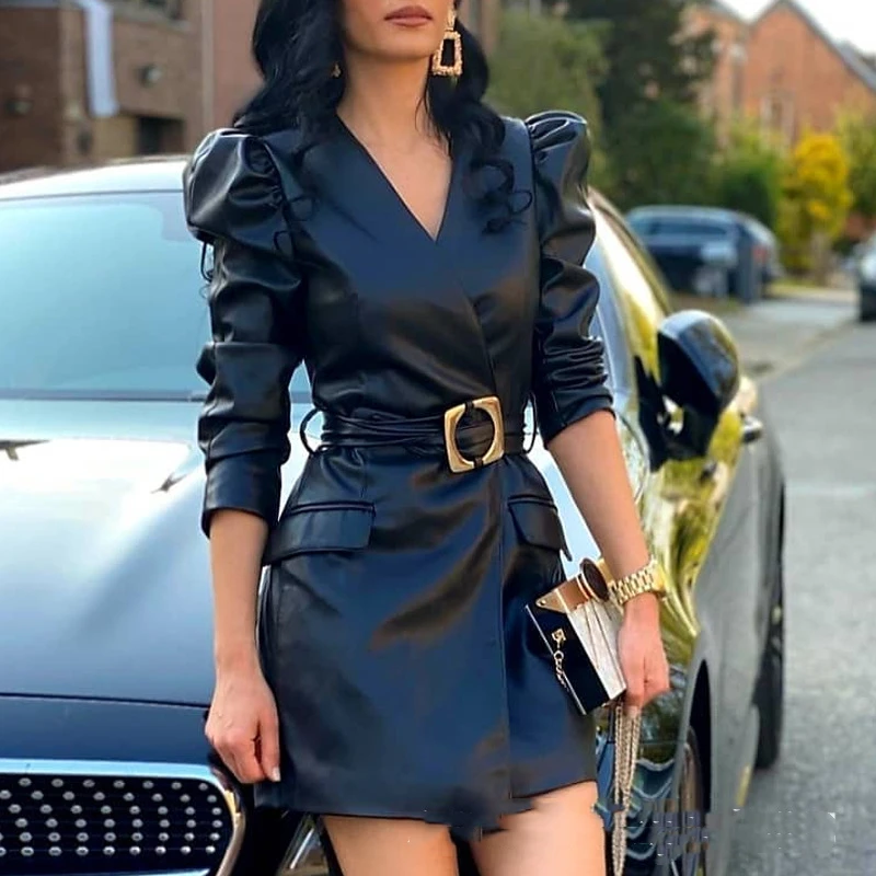 

Lugentolo Black Faux Leather Dress Women Long Puff Sleeve V Neck Empire Slim Office Lady Mini Dress