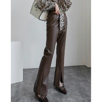 women slim split high solid waist leather pants fashion elegant temperament casual pants women autumn style new leather pants