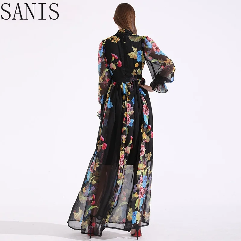 

Sanis Fashion Designer Runway Summer Women Dress Bow collar Long sleeve Floral Print Holiday Parties Noble Elegant Maxi Dress