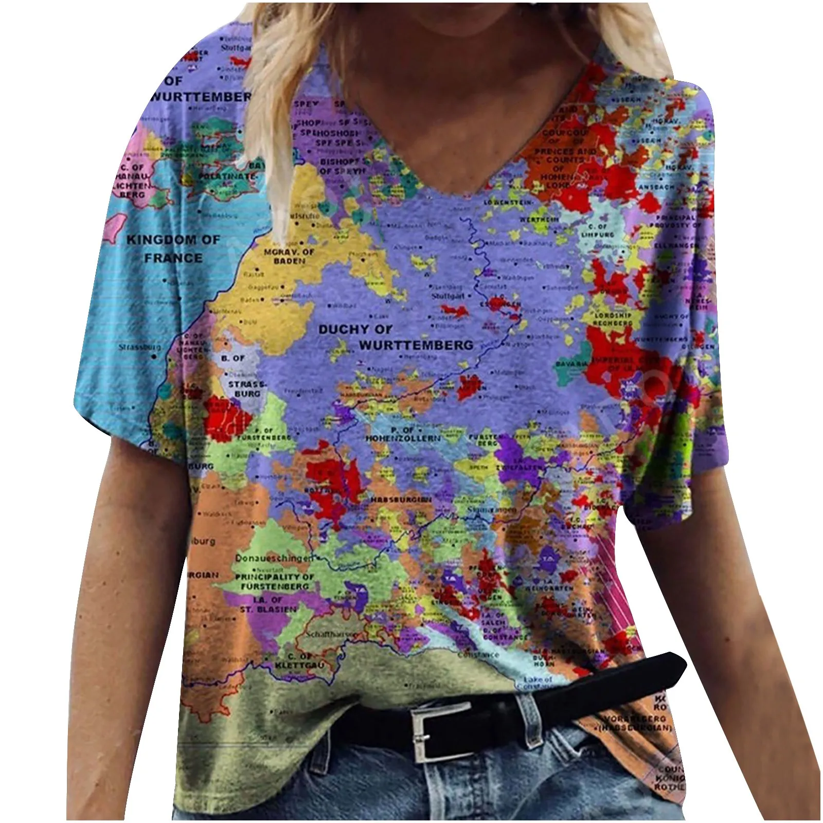 

Summer ladies regular fashion round neck creative printing/map printing short-sleeved top T-shirt O-neck comfortable top 02*
