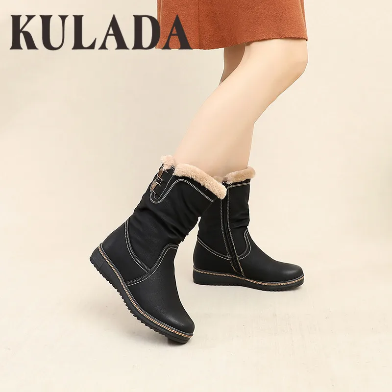 Женские зимние ботинки KULADA повседневные теплые средней длины на молнии с толстой