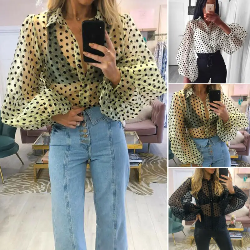 Модная женская пикантная блузка шифоновая блестящая в горошек из сетчатой ткани