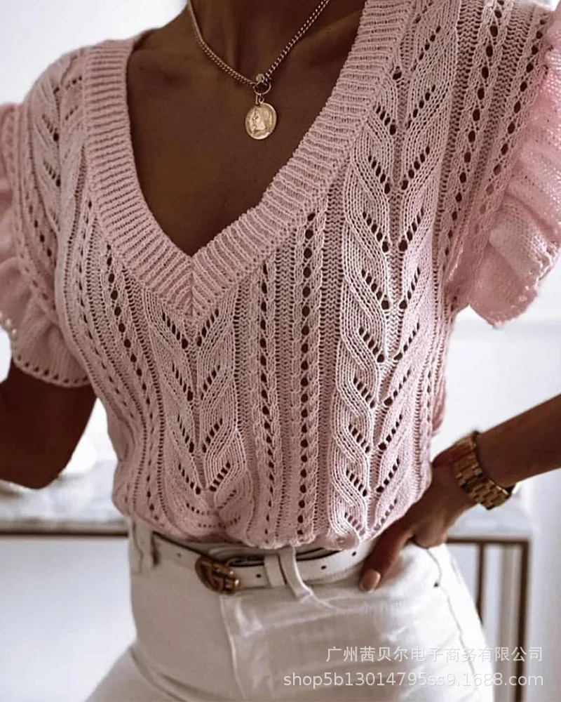 

WEPBEL Women Summer Elegant Hollow Out Knitted Shirt Top Ladies Sexy Short Sleeve V Neck Knitwear T-shirt