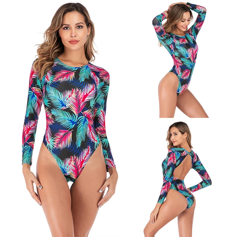 Лето 2019 принт с зелеными листьями Купальник длинным рукавом женские бикини