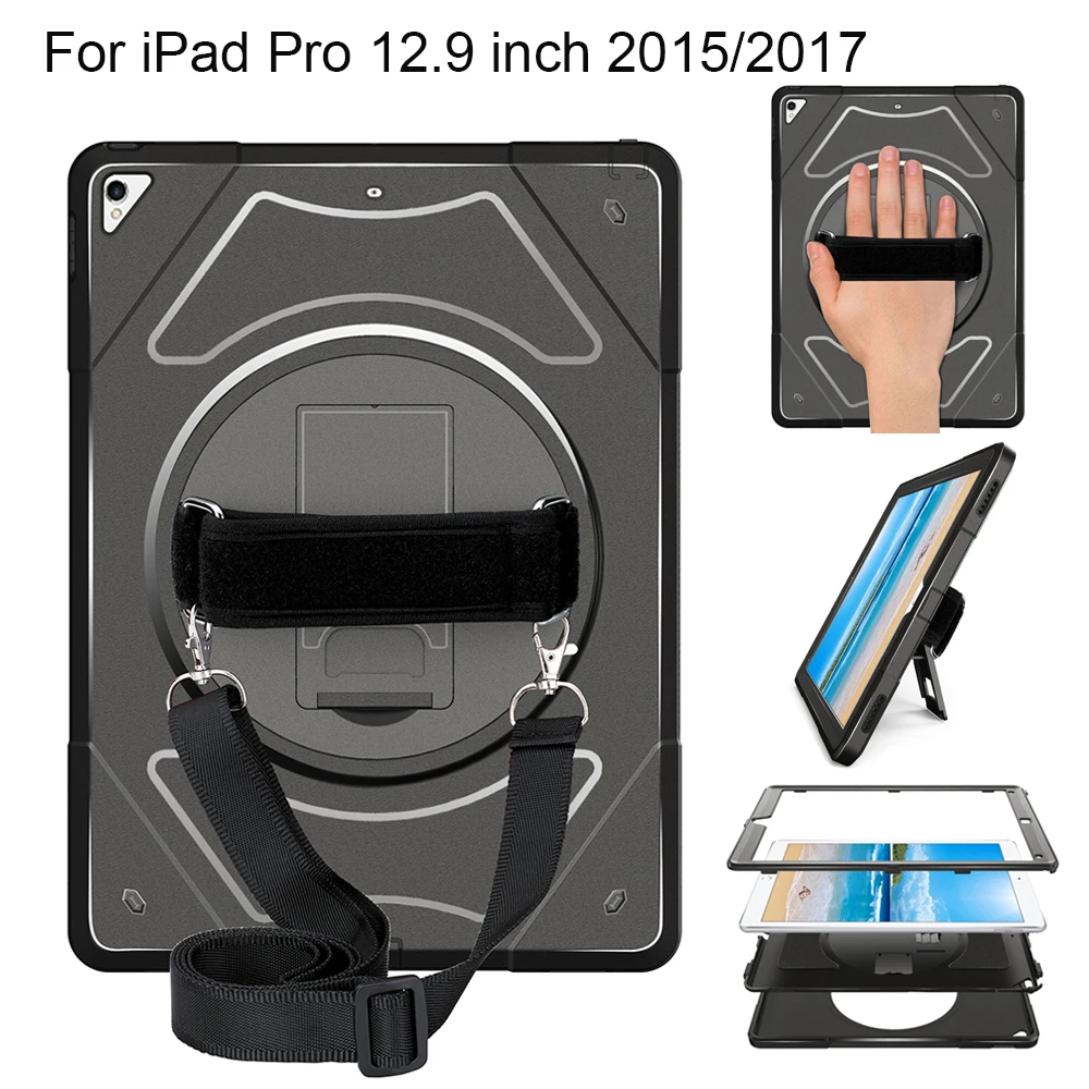 Ударопрочный чехол для планшета для iPad Pro 12,9 дюйма, сверхпрочный защитный чехол, вращающийся на 360 градусов, подставка, плечевой ремень MTL02