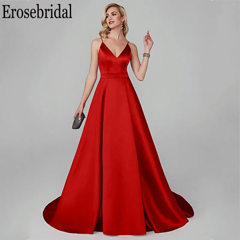 Женское атласное платье со шлейфом Erosebridal Красное длинное вечернее с открытой