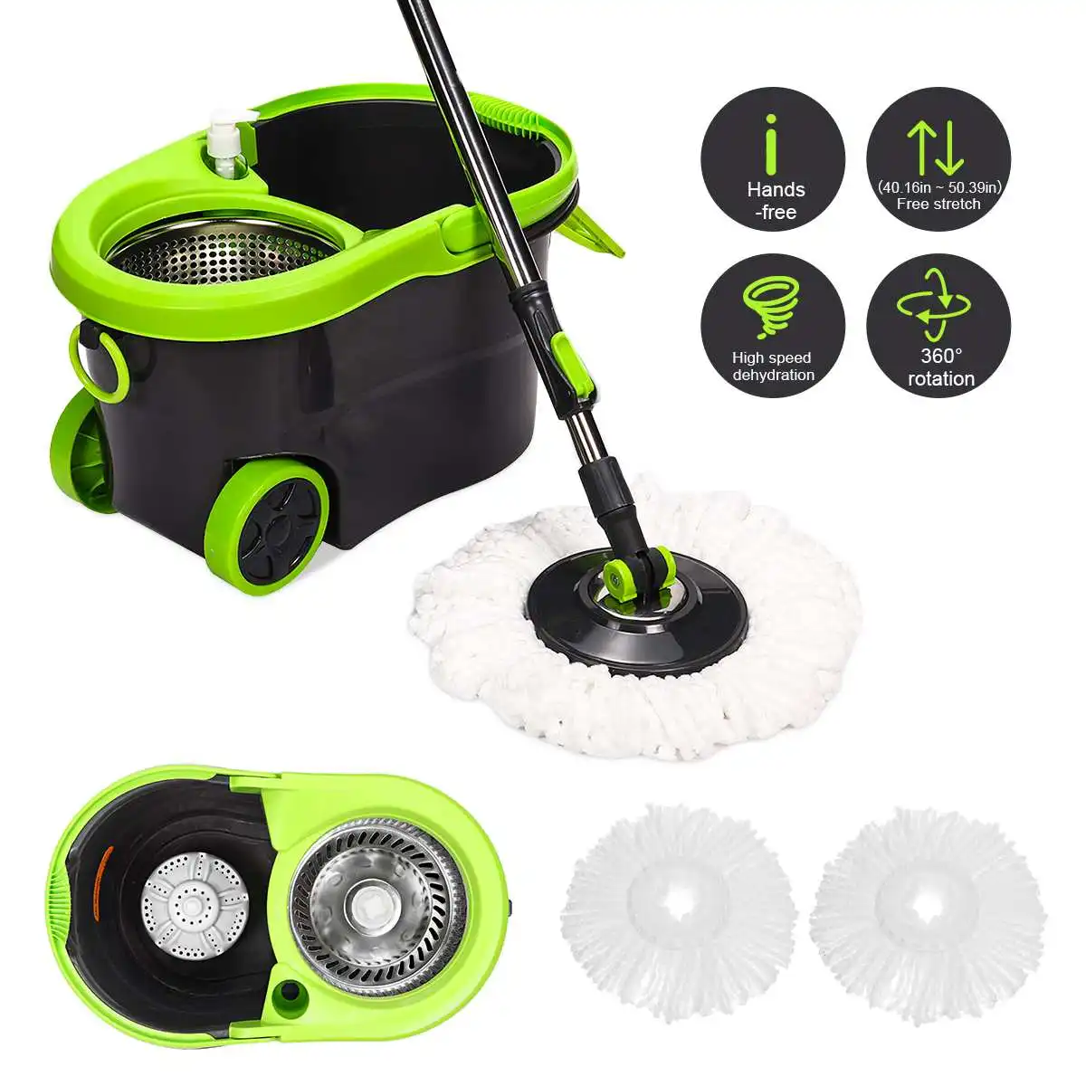 

Round 360 Rotating Spin Floor Mop 7.3L Bucket Set with 2 Microfiber Head Hands Free Wringing Home Cleaning Tools Wet Dry Use