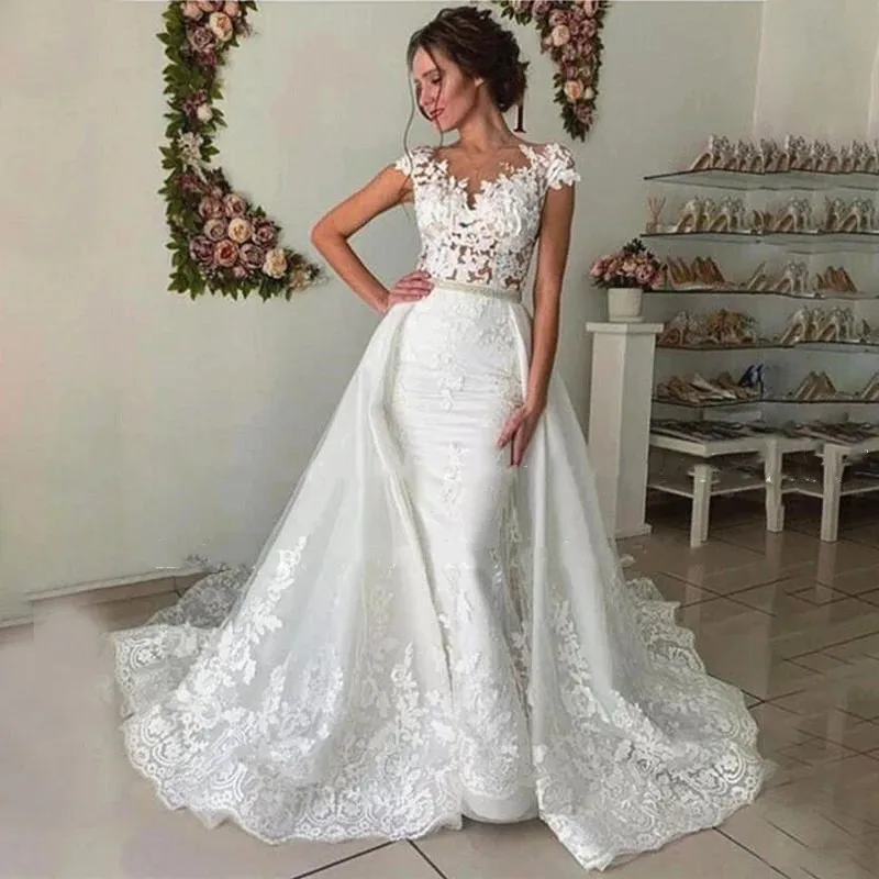 

Mermaid Wedding Dresses Detachable Overskirt Sheer Neck Off Shoulder Long Sleeves Bridal wedding Gowns