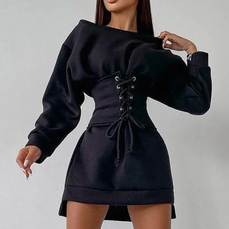 

Зимнее облегающее мини-платье на шнуровке с высокой талией, женское модное однотонное платье с длинным рукавом и поясом, Осенние простые Кл...