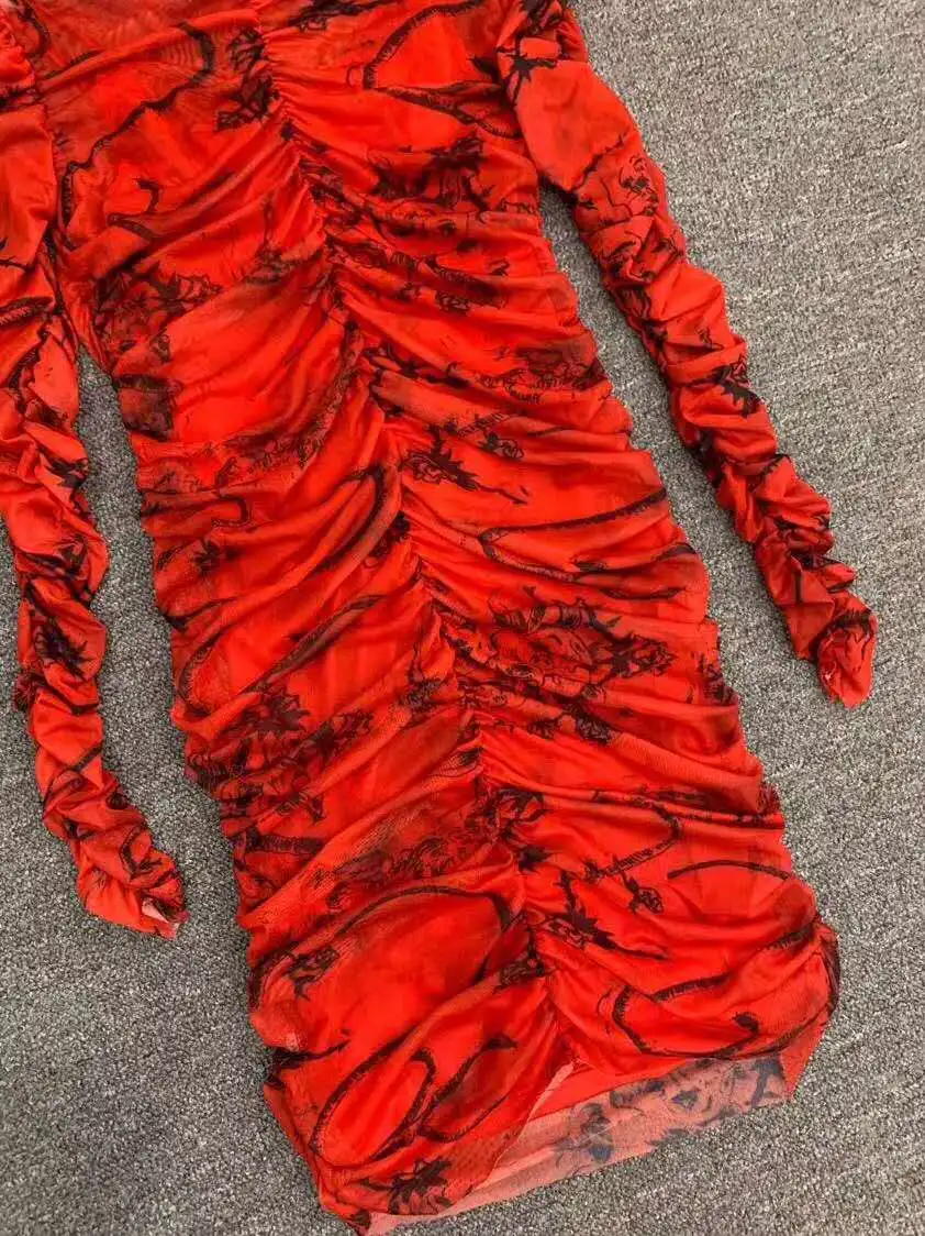 

Turtleneck Dress 2020 Autumn High Quality Women Abstract Print Long Sleeve Pleated Sexy Bodycon Dress Ladies Casual Club Wear