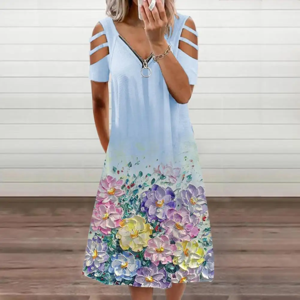 

Women Dress Flower Print Loose Summer Short Sleeve V Neck Dress for Dating