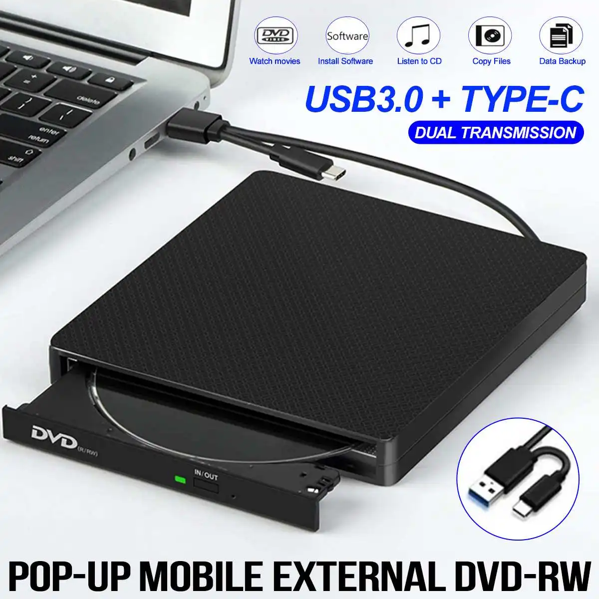 

USB 3.0 &Type C DVD Drive, CD Burner Driver Drive-free High-speed Read-write Recorder, External DVD-RW Player Writer Reader