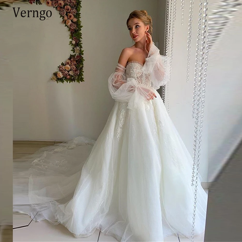 

Verngo New Princess Puff Sleeves Wedding Dress For Bridal Off Shoulder Sweetheart Shiny Inner Lace Applique Corset Bride Gowns