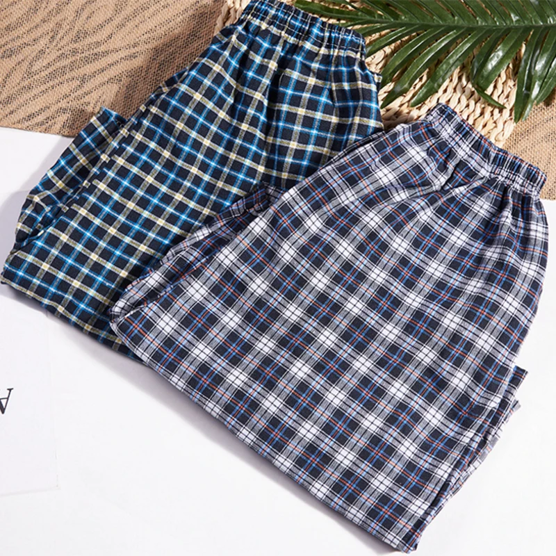 

1pcs Men Men's Cotton Shorts Double Gauze Casual Living Pants Beach Pants Cotton Plaid Sleepwear Mens Pajama