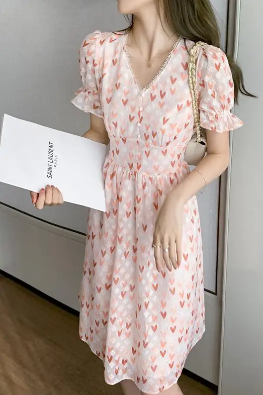 

Uulutonica Summer Women Elegant Fashion A-line Geometric Printing Knee-length Puff Sleeve Empire V-neck Chiffon Dress