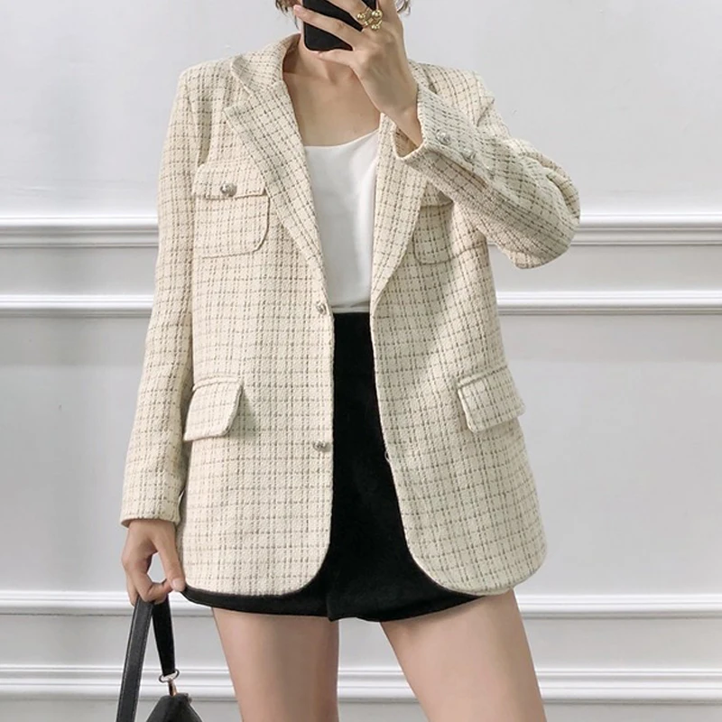 Женский твидовый Блейзер на пуговицах винтажный клетчатый пиджак с длинным
