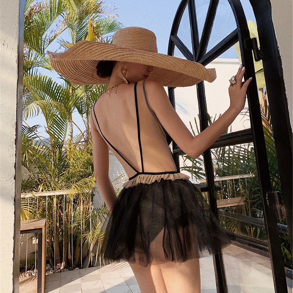 Sexy Lace One Piece Swimsuit Women Solid Swimwear Mesh Monokini Skirted Swim Suit Open Back Trikini Black Bathing Cut Out |