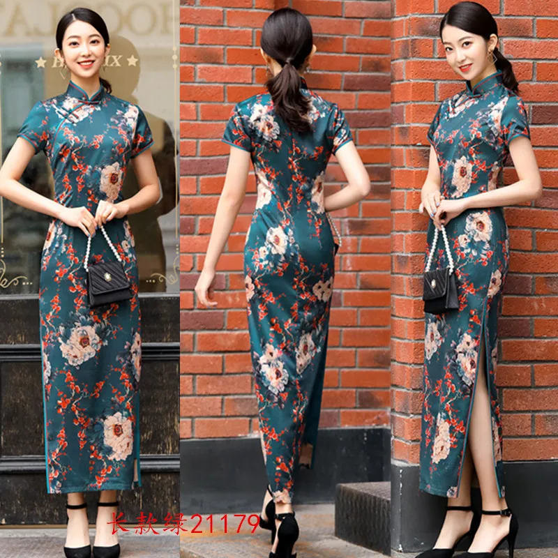 

Sexy Women Satin Daily Casual Dress Summer New Long Qipao Print Flower Chinese Cheongsam Size M-4XL
