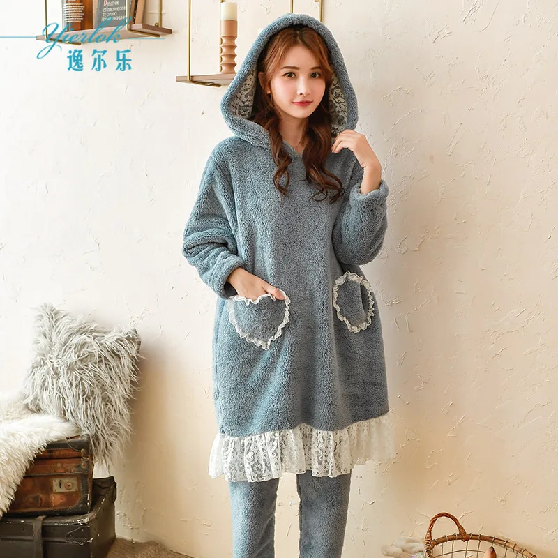 2019 зимняя женская пижама из плотного флиса с длинным рукавом теплый костюм двух