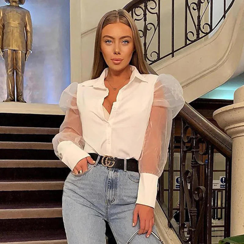 Женские топы и блузки с тюлевыми рукавами весна 2020 белая блуза из органзы