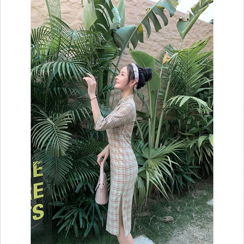 Осень китайский cheongsam qipao женское сексуальное платье с разрезом Женская традиционная одежда винтажная клетчатая qipao красный синий 3XL