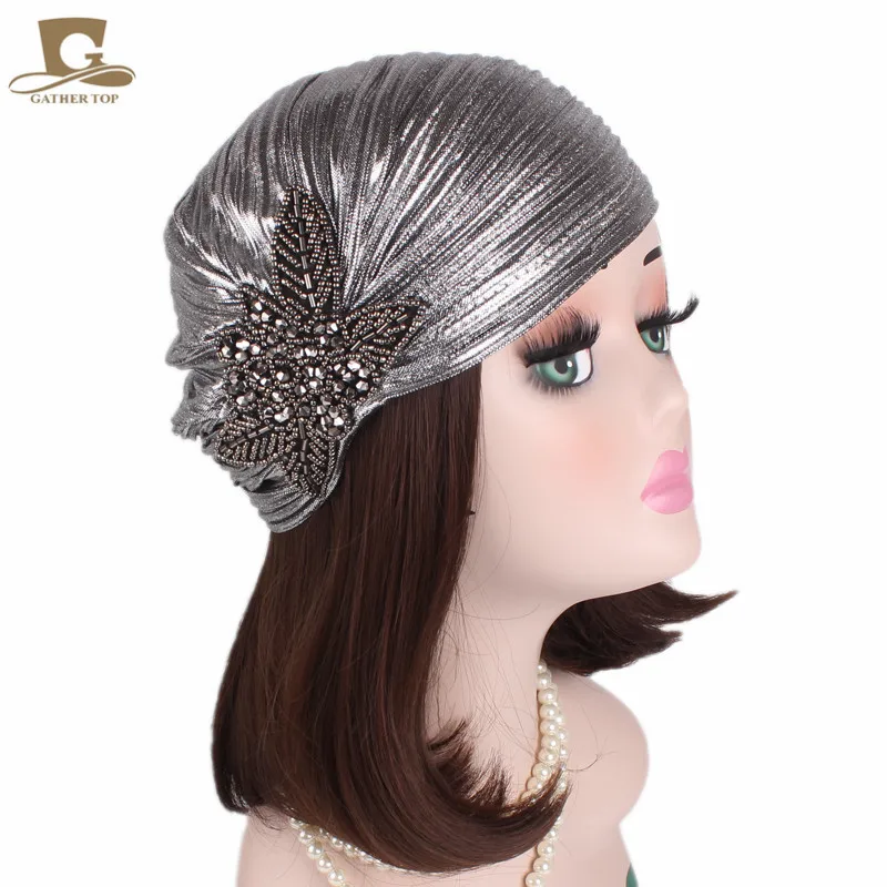 

New Women luxury Metallic Shinny Ruffle Turban Head Wrap Women Marriage Cap with beaded flower Soft Indian Cap Turbante Hat