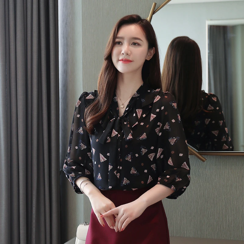 Chiffon Blouse Floral Women Lace Shirt 2020 Spring New Casual Bow Tie Womens Tops And Blouses Korean Style | Женская одежда