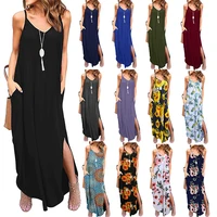 2021 new european and american fashion multi color printing sexy lower split v neck sling womens dress