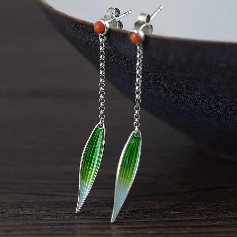 

Real S925 Sterling Silver Female Chinese Scenery Thai Blue Shaolan South Red Bamboo Leaf Earrings Exquisite Gift Jewelry