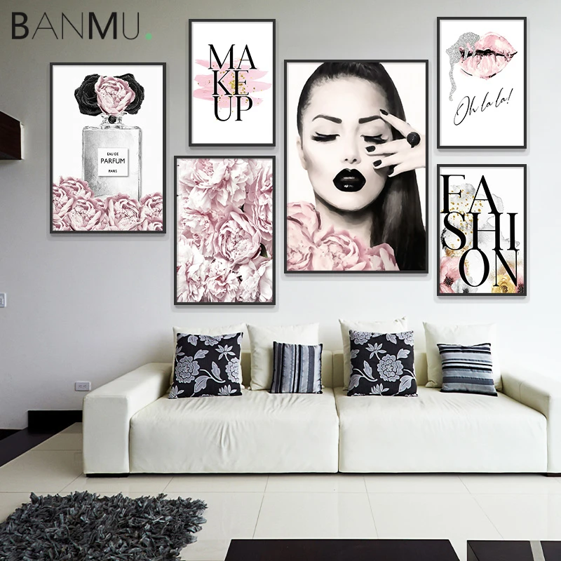 

BANMU Fashion Girl Urban Popular Pink Poster Pop Lady Wall Art Canvas Painting Rose Lips Heels Picture Home Decor