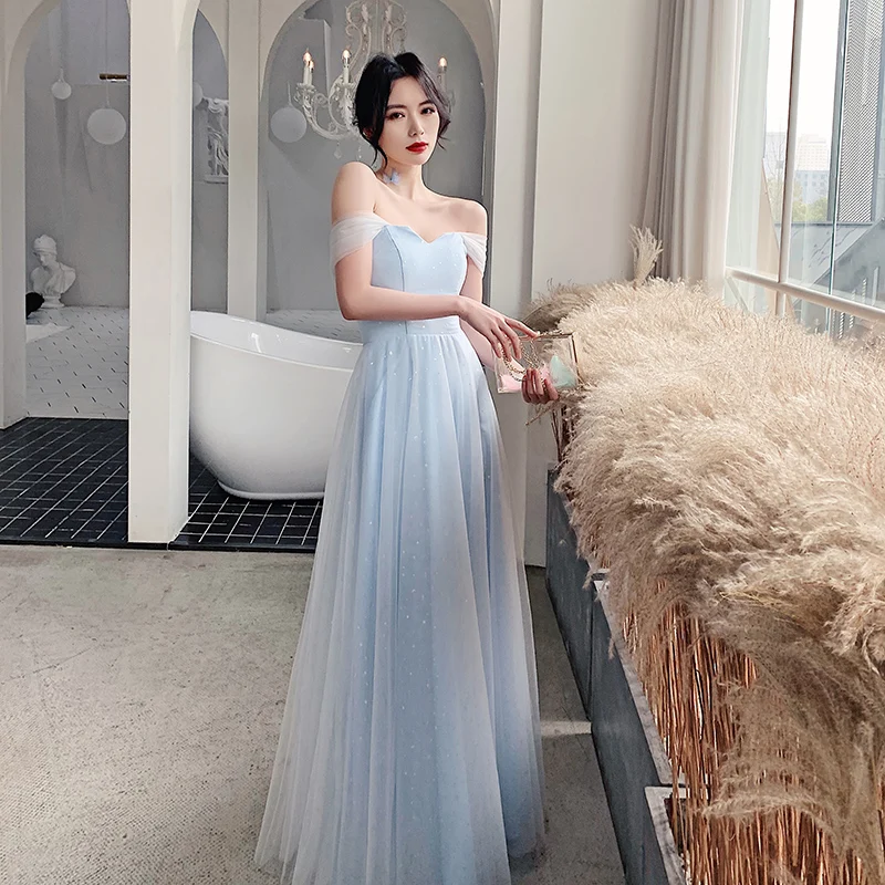 

Evening Dresses Sky Blue Bling Boat Neck Pleat A-line Floor-length Simple Off Shoulder Sleeves Tulle Plus size Formal Dress A040