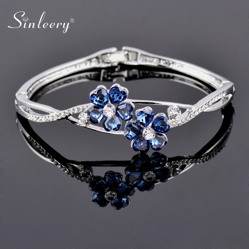 

SINLEERY Charm Cubic Zirconia Blue Flowers Bangles For Women Silver Color Bracelets Bridal Wedding Jewelry SL150 SSF
