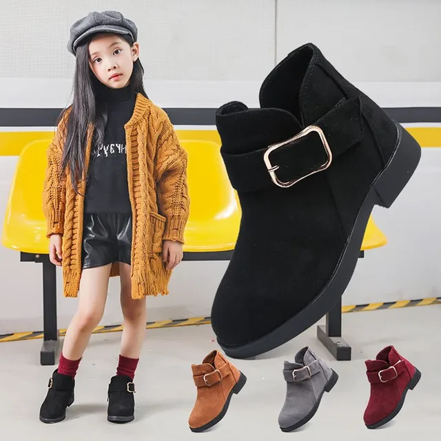 2022 Winter Girls Winter Boots Classic Buckle Kids Ankle Boots Children Tide Boots Flock With Rubber Sole Short Soft Fashion 2