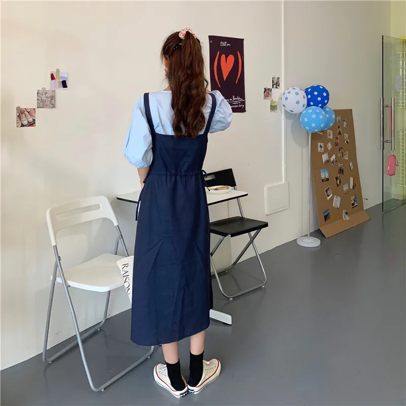 

Polyester Solid Color Autumn and Summer 2020 New Casual All-match Forest Straps Dress High Waist Drawstring Midi Dress Fashion