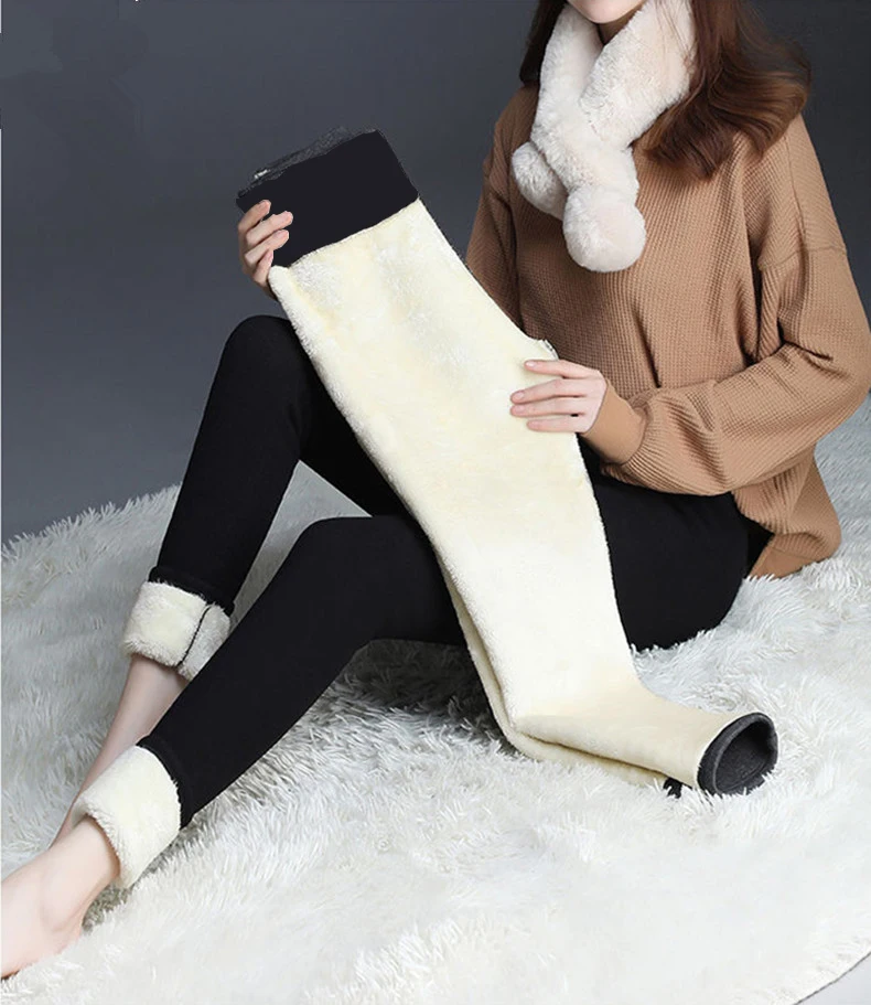 Black warm pants winter skinny thick velvet casual wool fleece Trousers Lambskin Cashmere Pants For Women leggings
