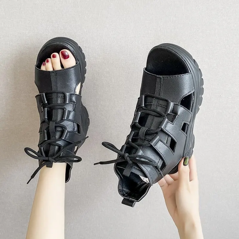 

Ladies Sandals Ladies Casual Shoes PU Solid Color Fish Mouth Shape Thick Bottom and High Top Lace Ladies Sneakers Women Sandals