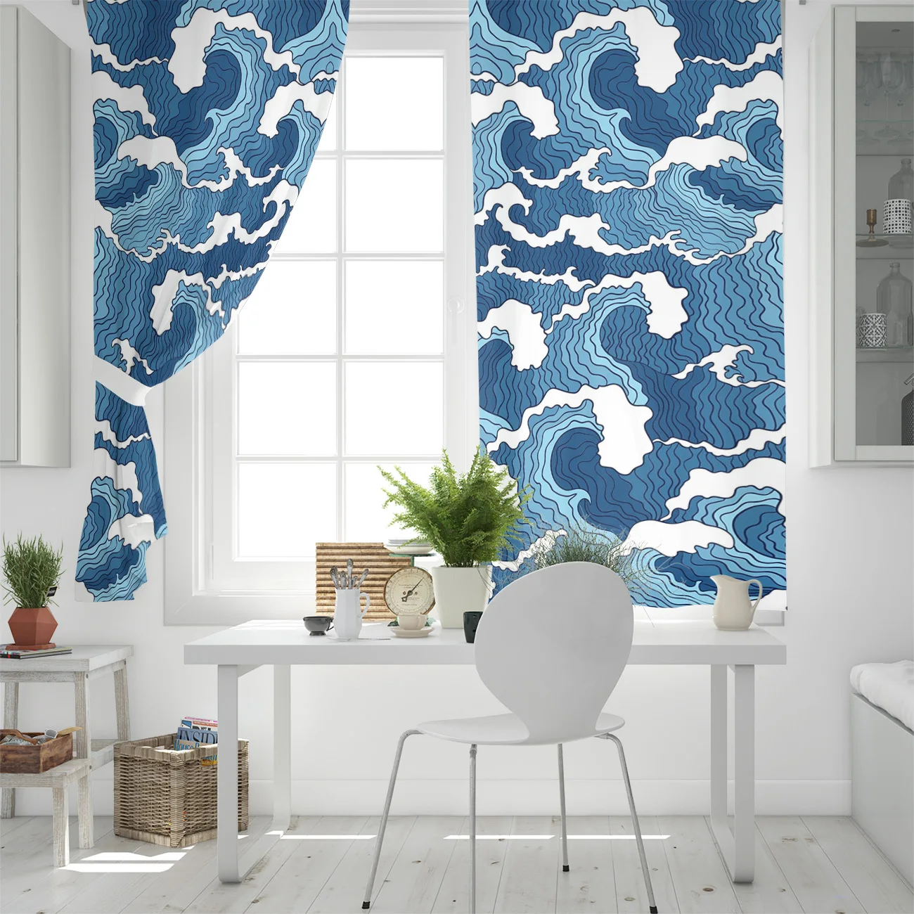 Японские занавески на окна с водяными волнами для гостиной декоративные