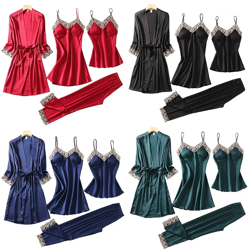 

Women Pajamas Set Sexy 4PCS Sleepwear Satin Silky Robe Suit Kimono Gown 2021 New Nightwear With Lace Intimate Lingerie Homewear