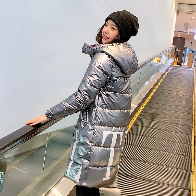 

Women's Winter Jacket Hooded Shiny Women Parkas Solid Casual Glossy Plus Size Cotton Padded With Zipper Loose Thick Coat M337
