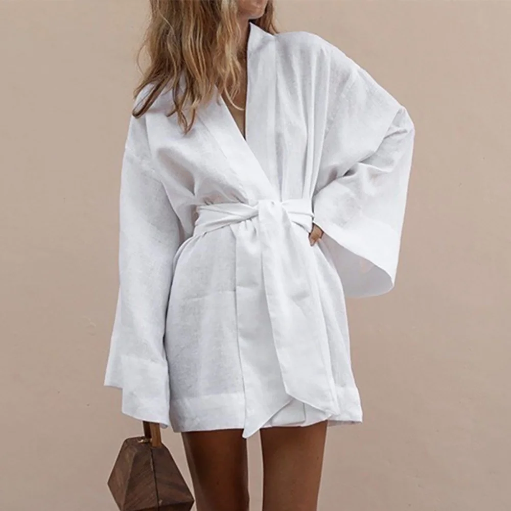 

Women's V-neck kimono, white linen and cotton, long sleeved, with belt, dress and