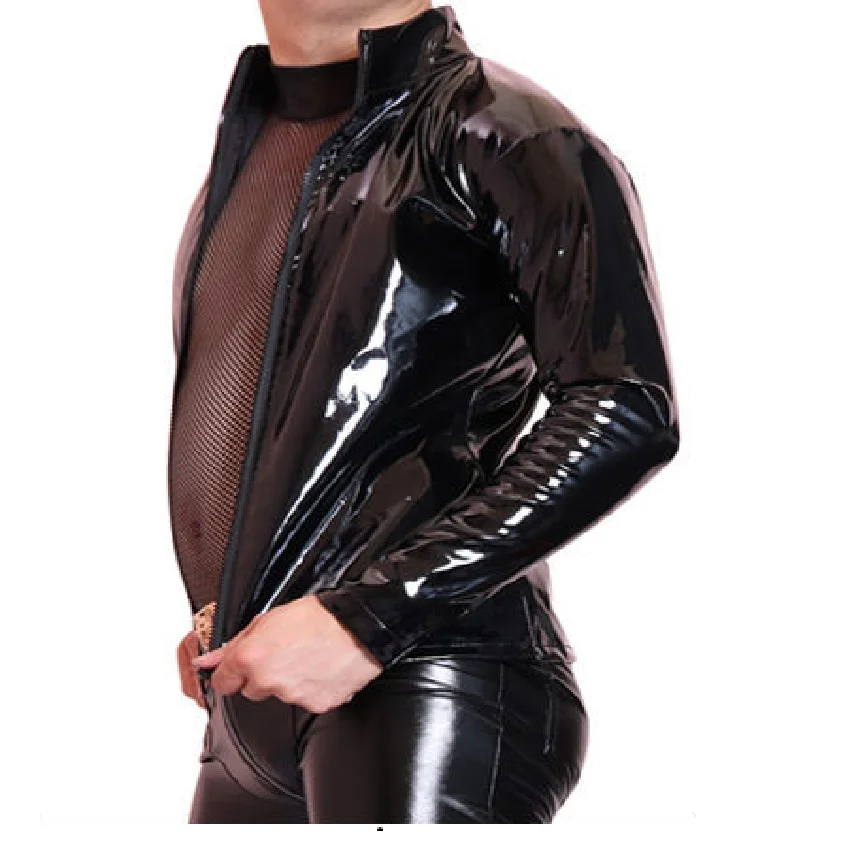 Размера плюс узкий лацкан ПВХ кожа Курточка бомбер мужская с длинным рукавом в