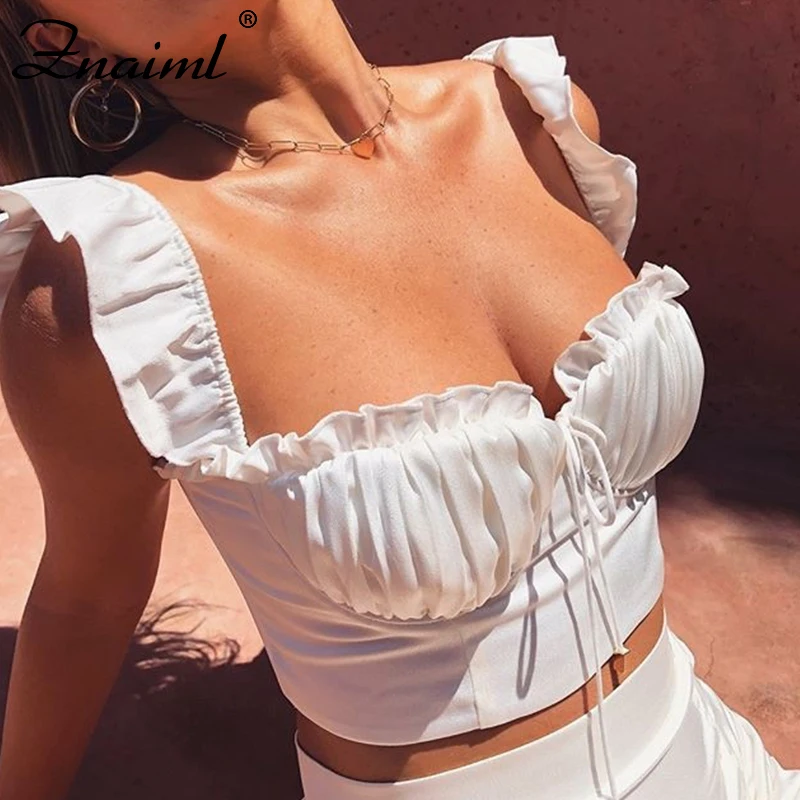 Женская блузка без рукавов белая с оборками и квадратным вырезом уличная одежда