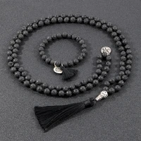oaiite natural lava stone knotted necklace 108 beads japamala rosary knotted necklace with tree of life amulet yoga jewelry set