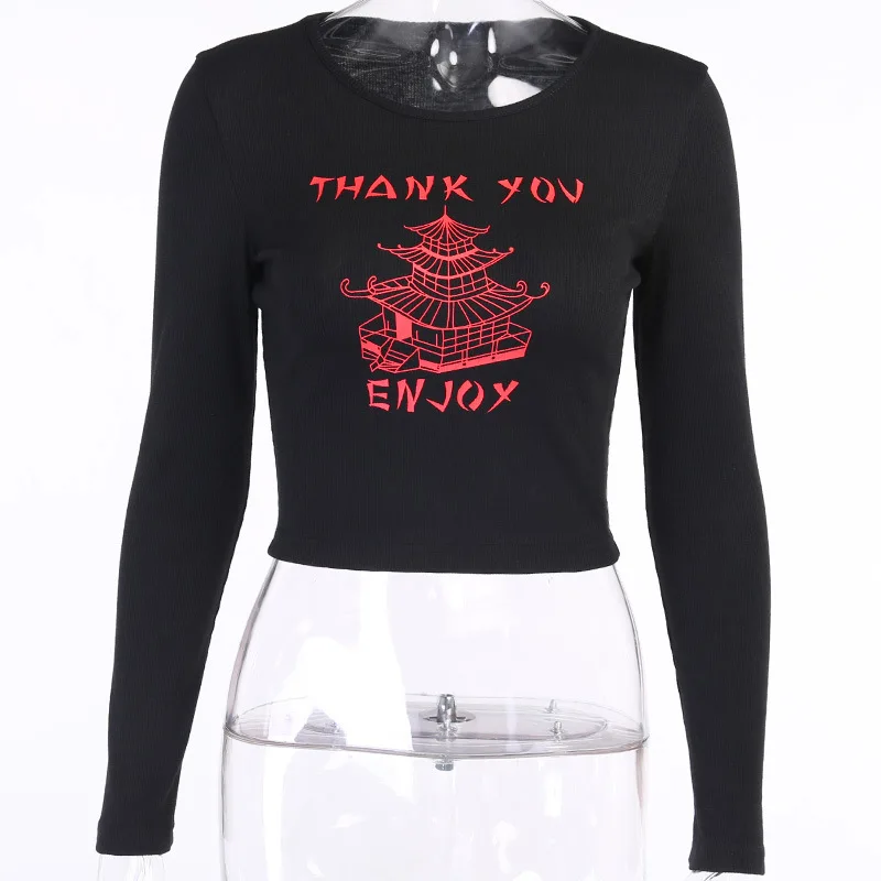 

Women's Slim Fitted Blouse Basic Long Sleeve Round Neck Letter Print Crop Top Shirt