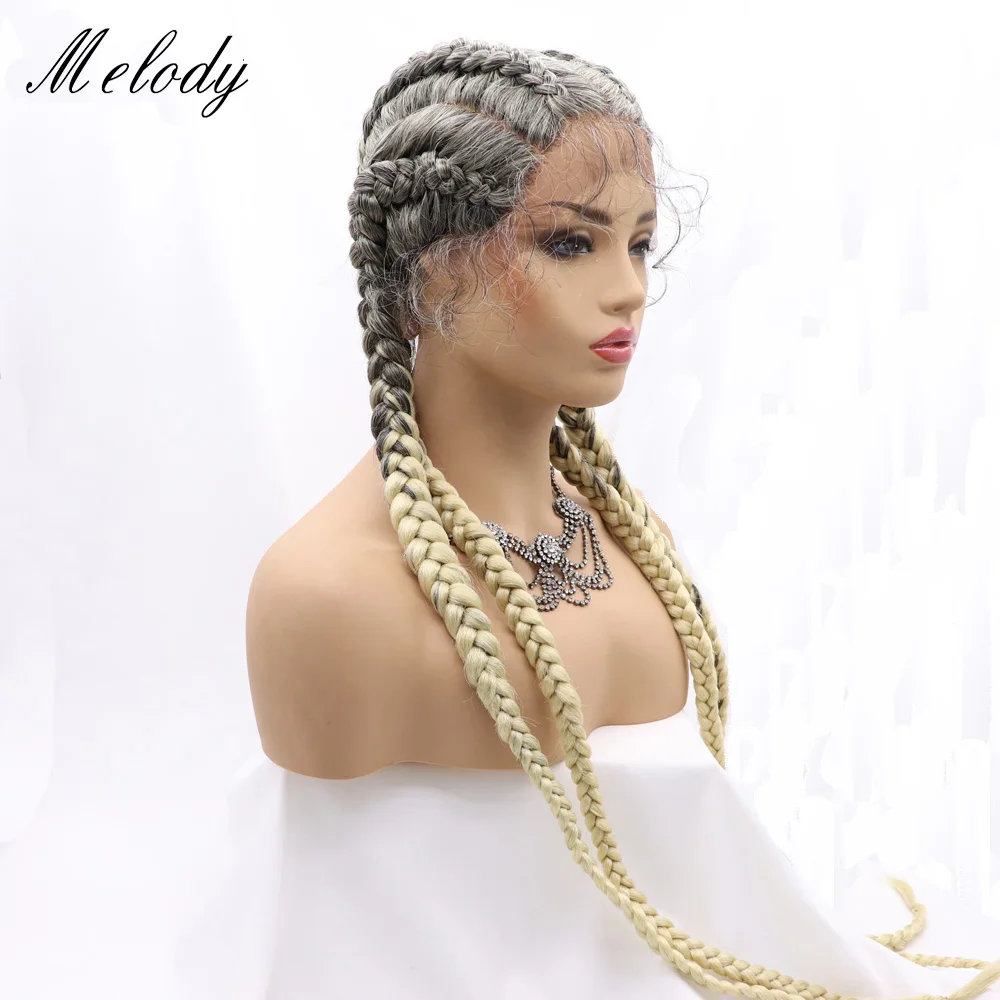 

Melody Long 32 Inches 4 Braided Wig Mixed Gray to Blonde Synthetic Lace Front Wigs for Women, Drag Queen Makeup Cosplay Party