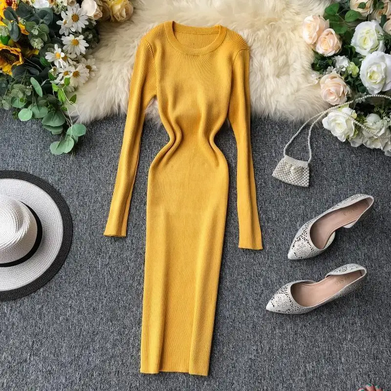 2019 женское осеннее зимнее Повседневное платье свитер облегающее однотонное