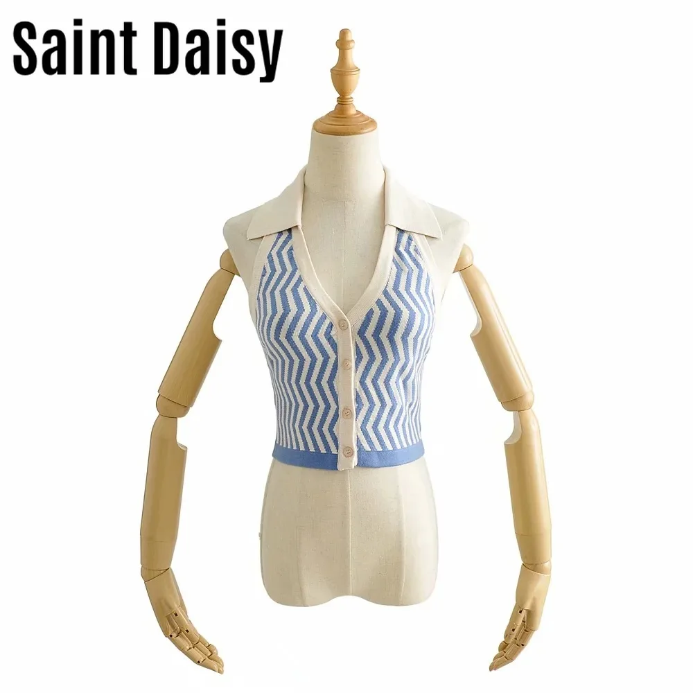 

Tank Top Blue White Navy Backless Style