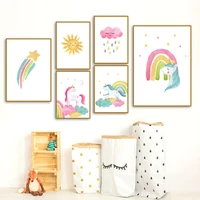 cartoon rainbow unicorn clouds stars sun nordic posters and prints wall art canvas painting wall pictures for kids room decor