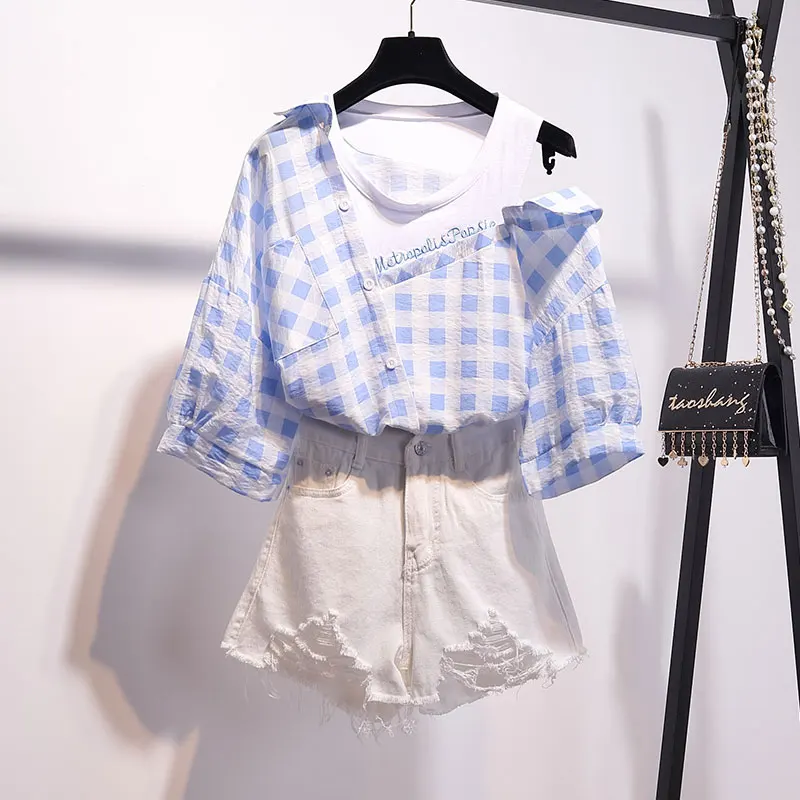 Женский комплект из 2 предметов клетчатая Сексуальная рубашка на плечо и шорты с