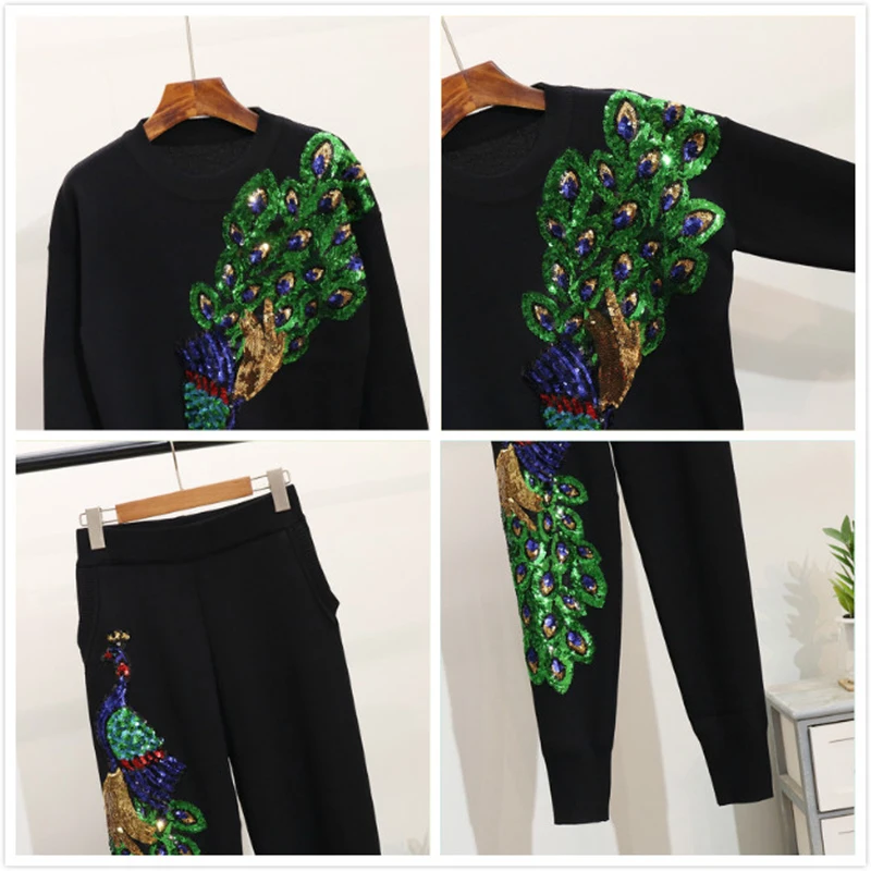 2019 осенне зимний женский комплект модный вязаный свитер с вышивкой и пайетками